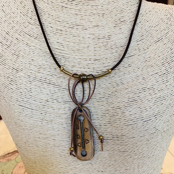 Upcycled Rustic Brass Wood Leather Necklace - Picture 1 of 6